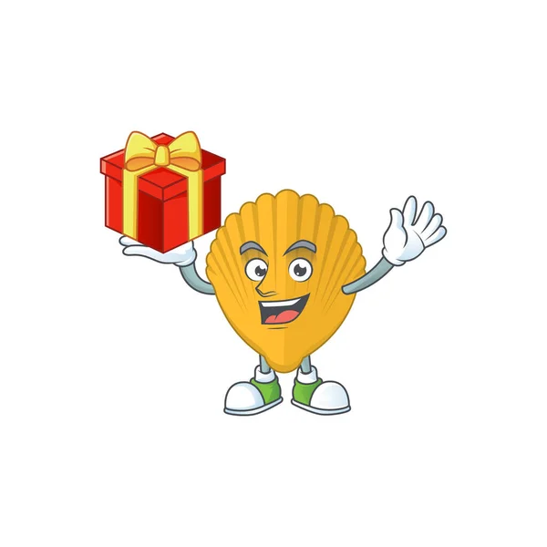 Diseño de concepto de mascota de dibujos animados de pinza amarilla con una caja roja de regalo — Vector de stock