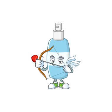 Sprey el dezenfektanı, ok ve kanatlı Cupid maskot tasarımı.