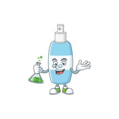 Sprey el dezenfektanı, Profesör Çizgi film karakteri elinde cam tüp tutuyor.