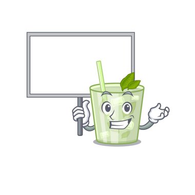 Limonlu mojito kokteyl maskot tasarımının karikatür resmi bir tahta taşır.