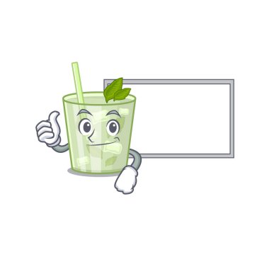 Parmakları havada mojito limon kokteyli çizgi film tasarımı. Beyaz bir tahta getirin.