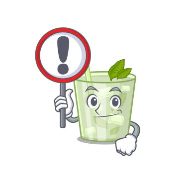 Bir karikatür simgesi mojito limon kokteyli ve ünlem levhası.