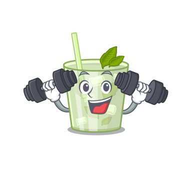 Mojito limonlu maskot tasarımı egzersiz sırasında halterleri kaldırmaktan mutluluk duyar.