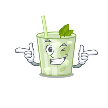 Çizgi film tasarımı mojito limon kokteylinin komik yüzünü göz kırpan gözüyle gösteriyor