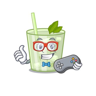Maskot tasarım biçimi mojito limon kokteyl oyuncusunun denetleyiciyle oynaması