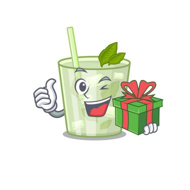 Büyük hediye kutusu olan neşeli mojito limon kokteyli çizgi film karakteri.