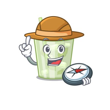 Maskot tasarımı konsepti. Limonlu kokteyl kâşifi. Ormanda pusula kullanıyor.
