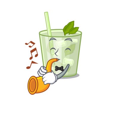Çizgi film tasarımında mojito limon kokteyli müzisyeni trompet çalıyor.