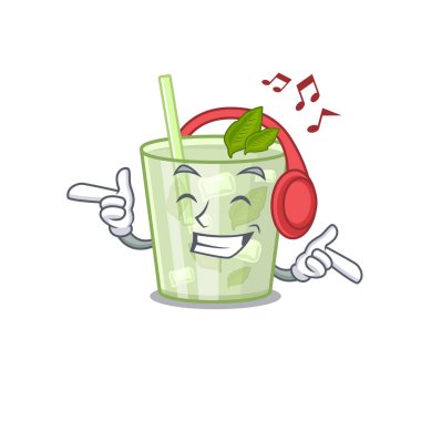 Mojito limon kokteyli çizgi film tasarımı kulaklıkla müzik dinleme konsepti