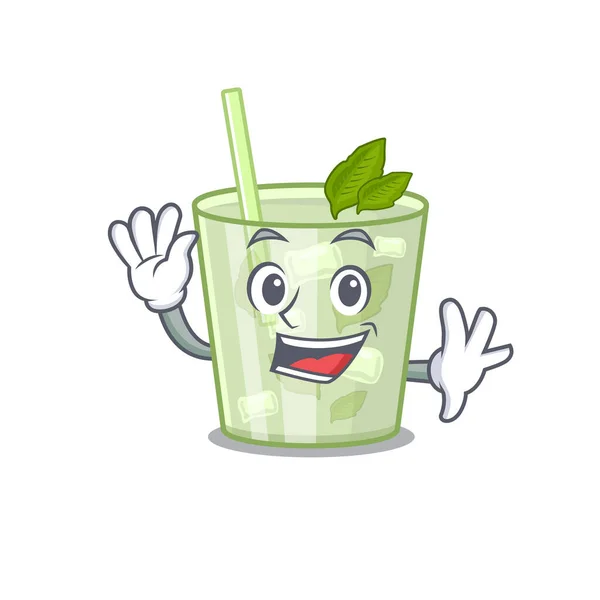 Une charmante mascotte de mojito citron cocktail style design main souriante et agitant — Image vectorielle
