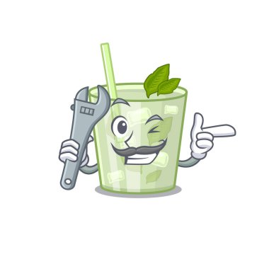 Tamirci olarak çalışan mojito limon kokteylinin karikatür resmi.
