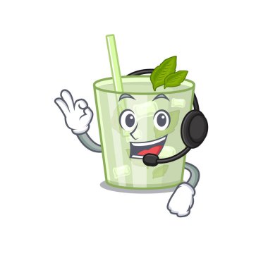Kulaklık takan muhteşem bir mojito limon kokteyli maskotu karakteri.