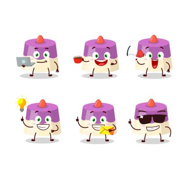 Çeşitli iş simgelerine sahip kek çizgi film karakteri. Vektör illüstrasyonu