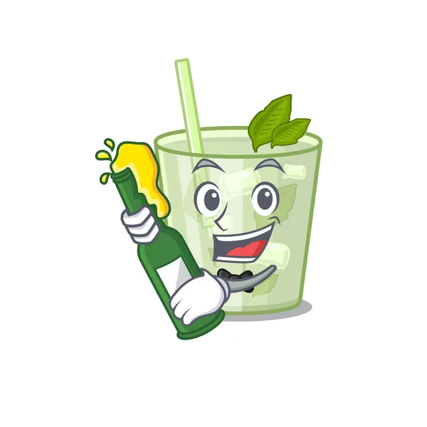 Concept de caricature de mojito citron cocktail acclamations avec bouteille de bière — Image vectorielle