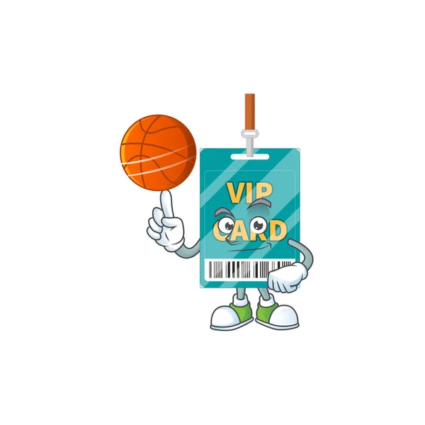 Une Mascotte Carte Passe Vip Sportive Style Design Jouant Basket — Image vectorielle