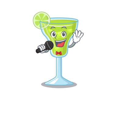Margarita kokteylinin çizgi film karakteri mikrofonla şarkı söylüyor.