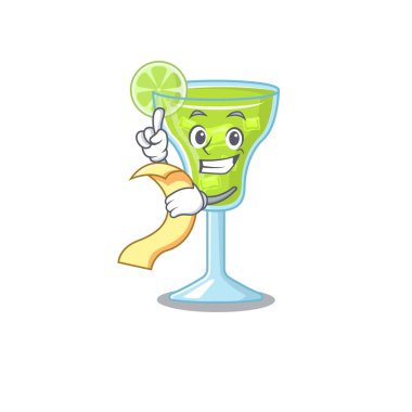 Margarita kokteyli maskotu tarzı, elinde menü olan.