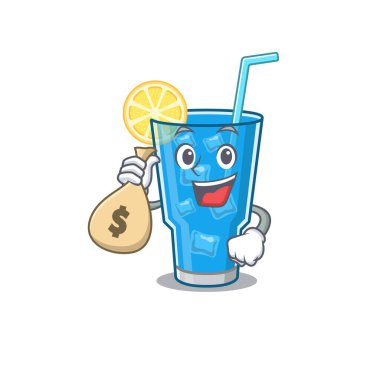 Manyak zengin mavi lagün kokteyl maskotu tasarımı para çantaları var.