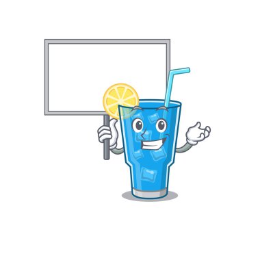 Mavi lagün kokteyl maskot tasarımının karikatür resmi bir tahta taşıyor.