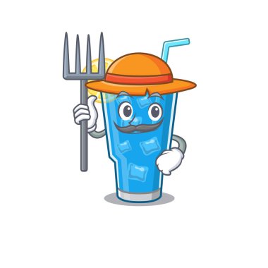 Mavi lagün kokteyl maskotu tasarımı. Şapka takan bir çiftçi olarak çalışıyor.