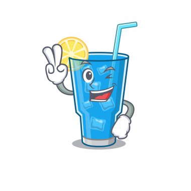 Mutlu mavi lagün kokteyl karikatür tasarımı iki parmak gösteriyor.