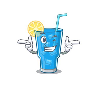 Mavi lagün kokteylinin çizgi film dizaynı göz kırpan komik yüzünü gösteriyor.