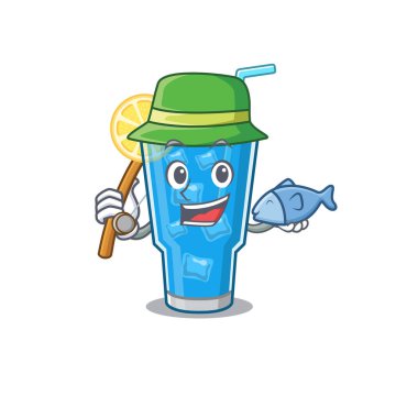 Mavi lagün kokteylinin çizgi film tasarımı stili balığa gidiyor.