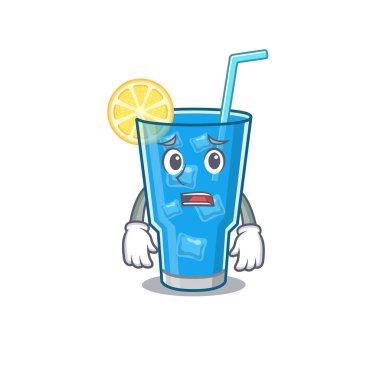 Mavi lagün kokteylinin karikatür tasarımı endişeli bir yüze sahip.