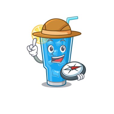 Maskot tasarımı konsepti. Mavi lagün kokteyl kâşifi. Ormanda pusula kullanıyor.