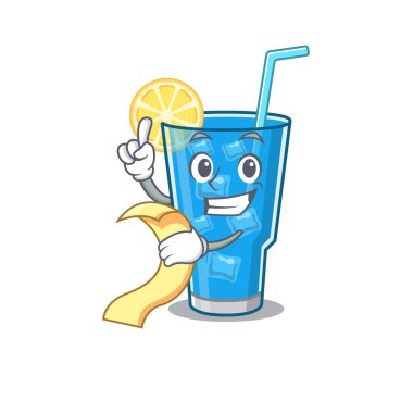 Elinde menü olan mavi lagün kokteyli maskotu karakteri.