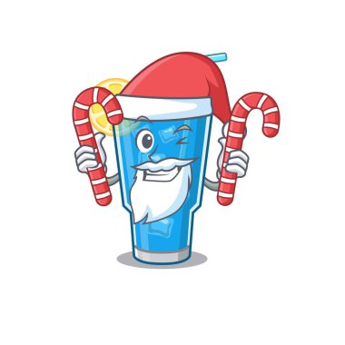 Dost canlısı mavi lagün kokteyli Noel şekerli Santa Cartoon karakteri gibi giyinmiş.
