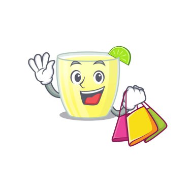 Zengin daiquiri kokteyl karikatür karakteri alışveriş torbalarıyla