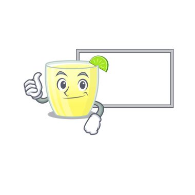 Daiquiri kokteyl karikatür tasarımı. Parmaklar yukarı, beyaz bir tahta getirin.