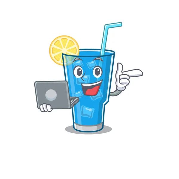 Personnage de dessin animé intelligent de Blue Lagune cocktail étudier à la maison avec un ordinateur portable — Image vectorielle