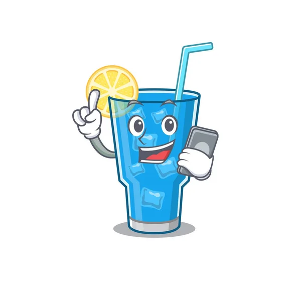 Blue lagoon cocktail karikatuur karakter spreken met vrienden aan de telefoon — Stockvector
