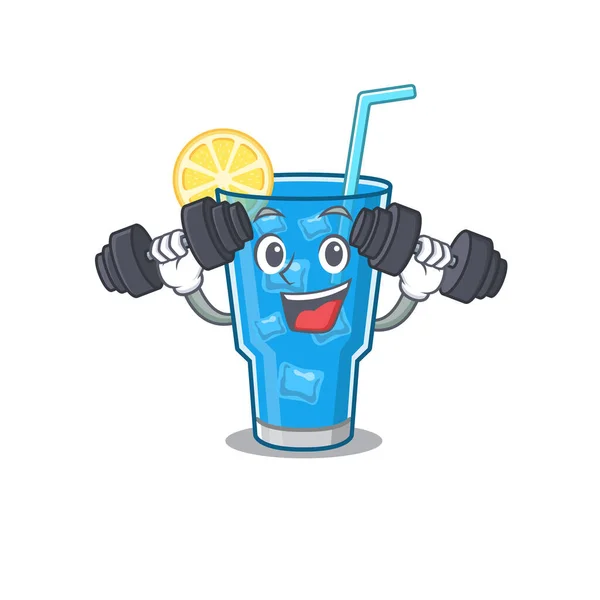 Blue lagoon cocktail mascot design feels happy lift up barbells during exercise — Stock Vector