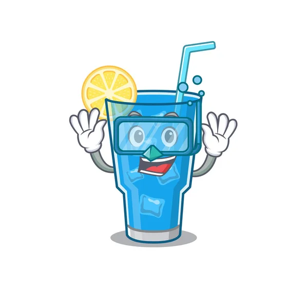 Blauwe lagune cocktail mascotte ontwerp zwemmers met duikbril — Stockvector
