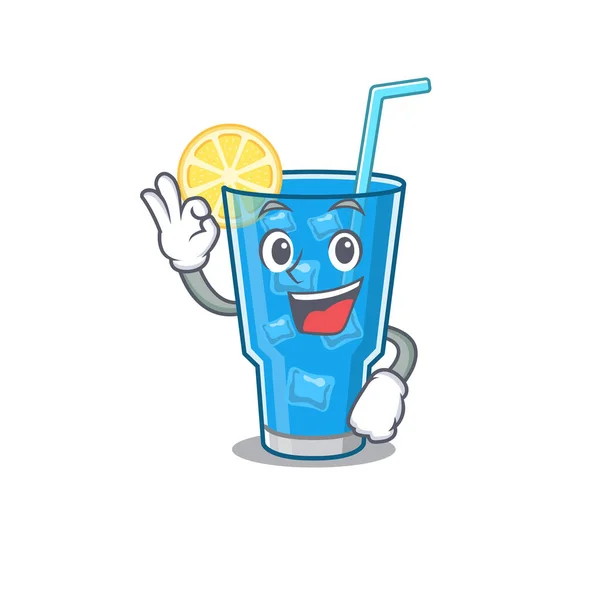 Blue lagoon cocktail mascot design style showing Okay gesture finger — Stock Vector