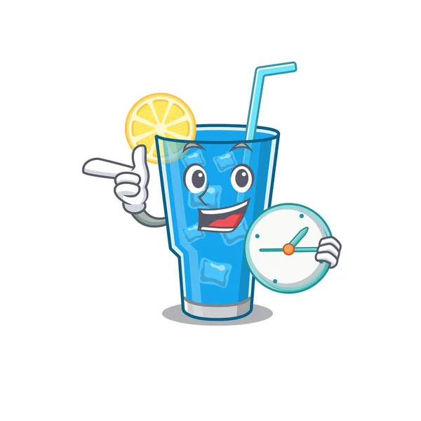 Style de conception de mascotte de cocktail lagon bleu debout avec tenant une horloge — Image vectorielle