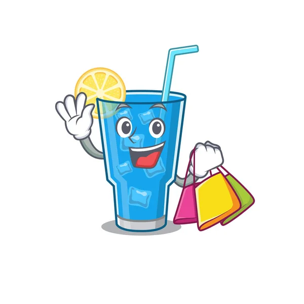 Riche bleu lagune cocktail personnage de dessin animé avec des sacs à provisions — Image vectorielle