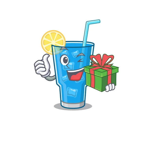 Joyeuse lagune bleue personnage de dessin animé cocktail avec une grande boîte-cadeau — Image vectorielle