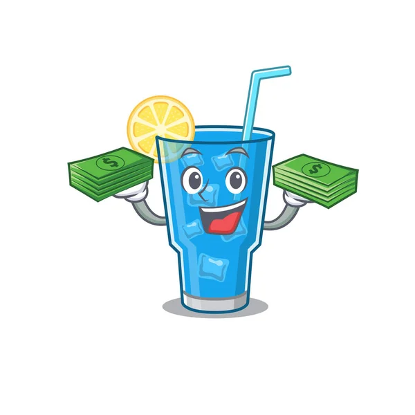 Un riche personnage de dessin animé bleu lagon cocktail avec beaucoup d'argent — Image vectorielle