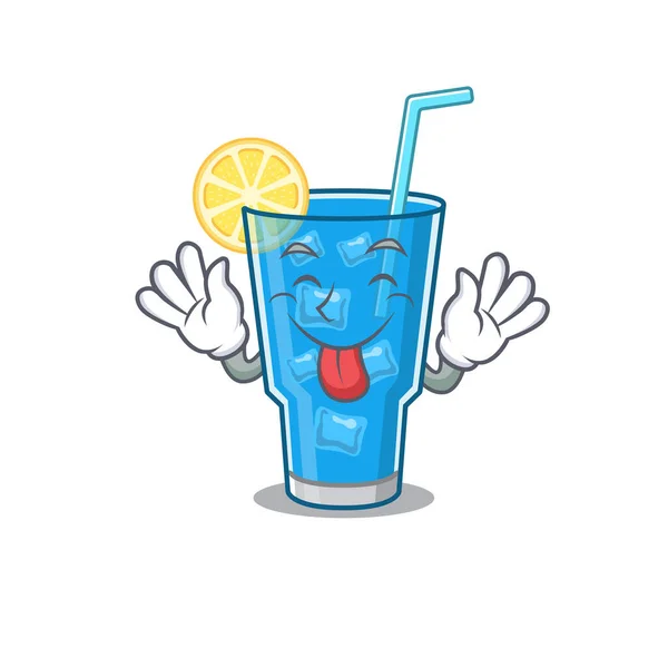 Drôle de bleu lagon cocktail dessin animé avec la langue sur le visage — Image vectorielle