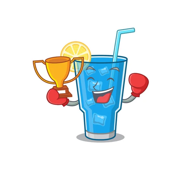 Ein eleganter Boxsieger mit blauem Lagunen-Cocktail-Karikaturdesign-Konzept — Stockvektor