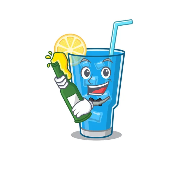 Concept de design caricature des acclamations cocktail lagune bleue avec bouteille de bière — Image vectorielle
