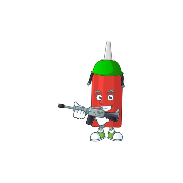 Uma imagem de design de mascote de garrafa de molho como um exército dedicado usando arma automática —  Vetores de Stock