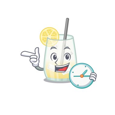 Tom Collins kokteylinin maskot tasarım stili elinde saatle ayakta duruyor.