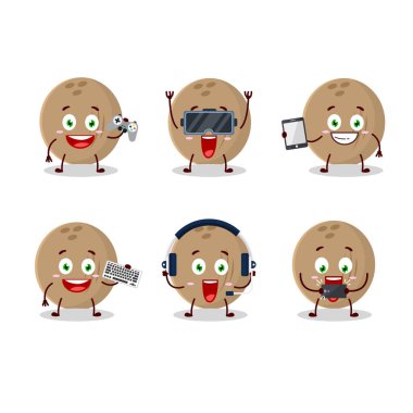 Kahverengi hindistan cevizi çizgi film karakteri çeşitli şirin ifadelerle oyunlar oynuyor.