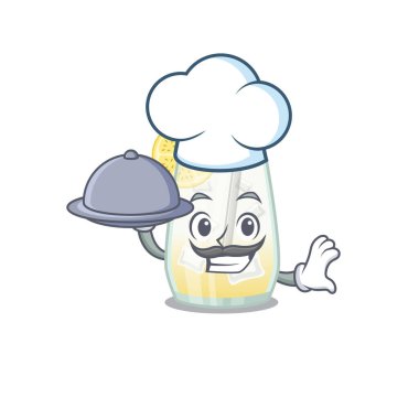 Tom Collins 'in maskot tasarımı. Kokteyl şefi tepside yemek servisi yapıyor.