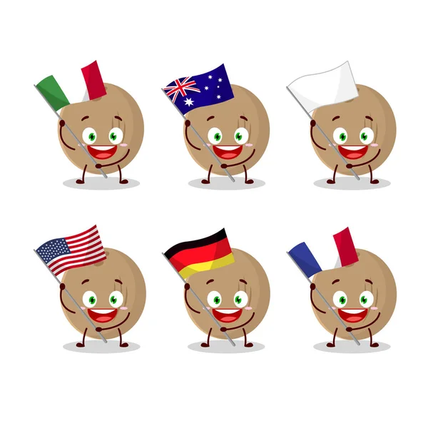 Brown personnage de bande dessinée noix de coco apporter les drapeaux de divers pays — Image vectorielle